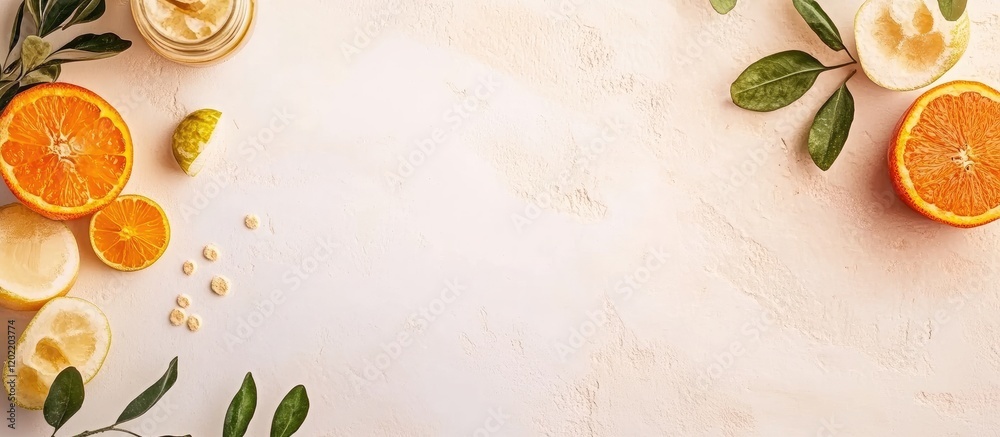 Aufkleber Citrus fruits including oranges and lemons arranged on a light textured background with leaves and copy space for text.