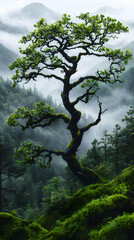 Misty forest landscape ancient tree nature photography serene environment wide angle view tranquility concept