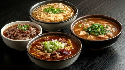 Assorted Asian noodle and meat soup bowls with toppings on a dark wooden table Copy Space