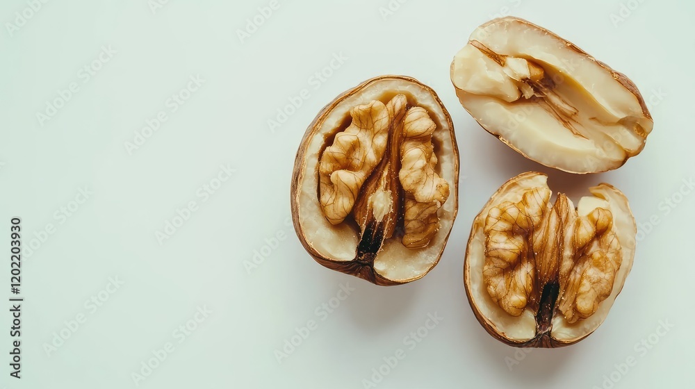 Poster Whole and halved walnuts on a light background with Copy Space for text placement