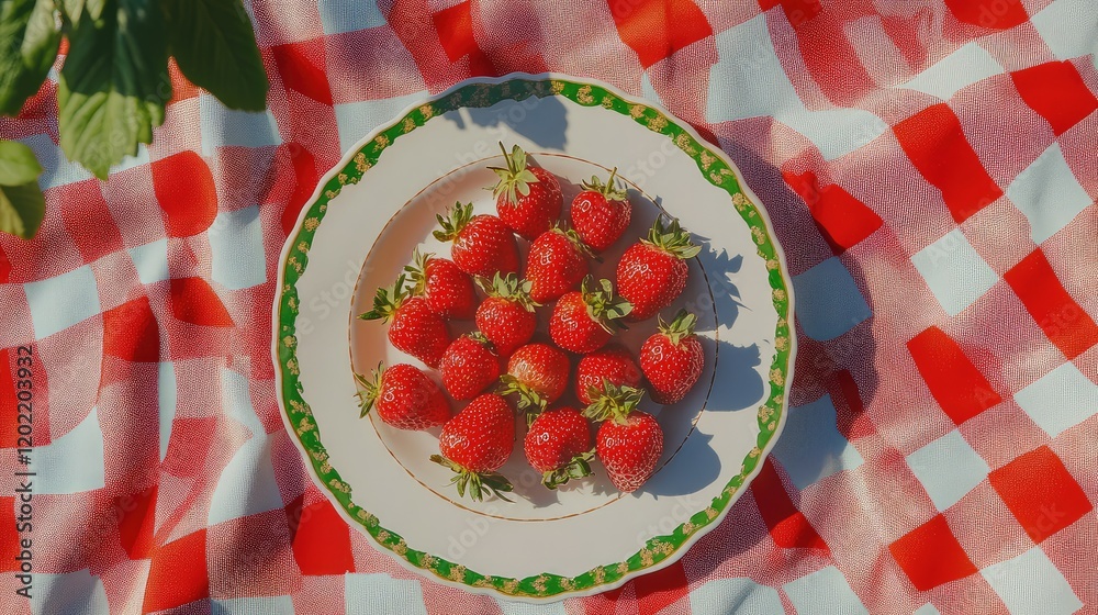 Aufkleber freshly picked strawberries on a decorative plate with green trim placed on a red and white checkere