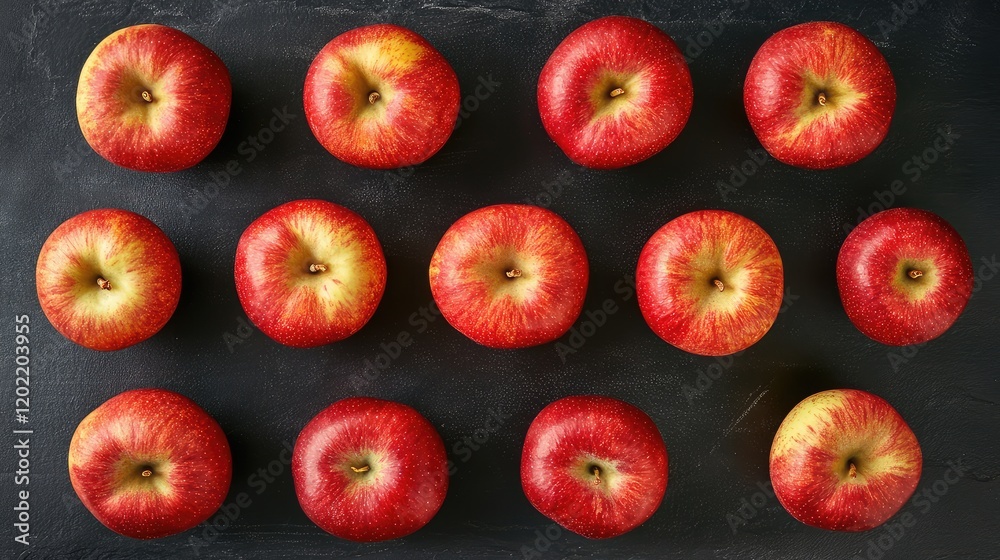 Aufkleber Red apples arranged in a grid pattern on a dark surface with copy space for text placement.