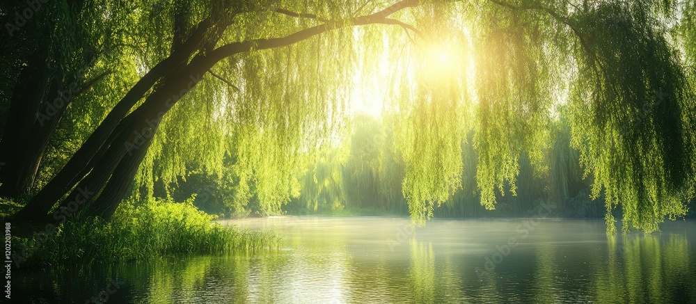 Aufkleber lush green willow trees reflected in calm waters with sunlight filtering through leaves copy space