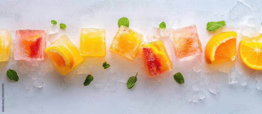 Poster colorful fruit ice cubes with slices of citrus fruits on a white background with fresh mint leaves a