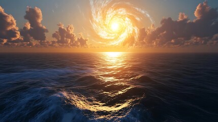 A spiral galaxy glowing brilliantly over a tranquil ocean with the waves reflecting the cosmic light above