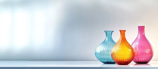 Colorful glass vases in blue orange and pink arranged on a minimalist shelf with soft blurred background and Copy Space