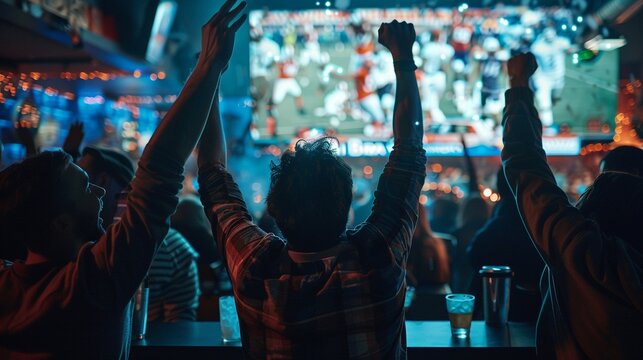 Sports fans cheering at bar image. Excited crowd watching live sports game on large screen with beer drinks photography scene wallpaper. Night out sportspub concept photorealistic photo