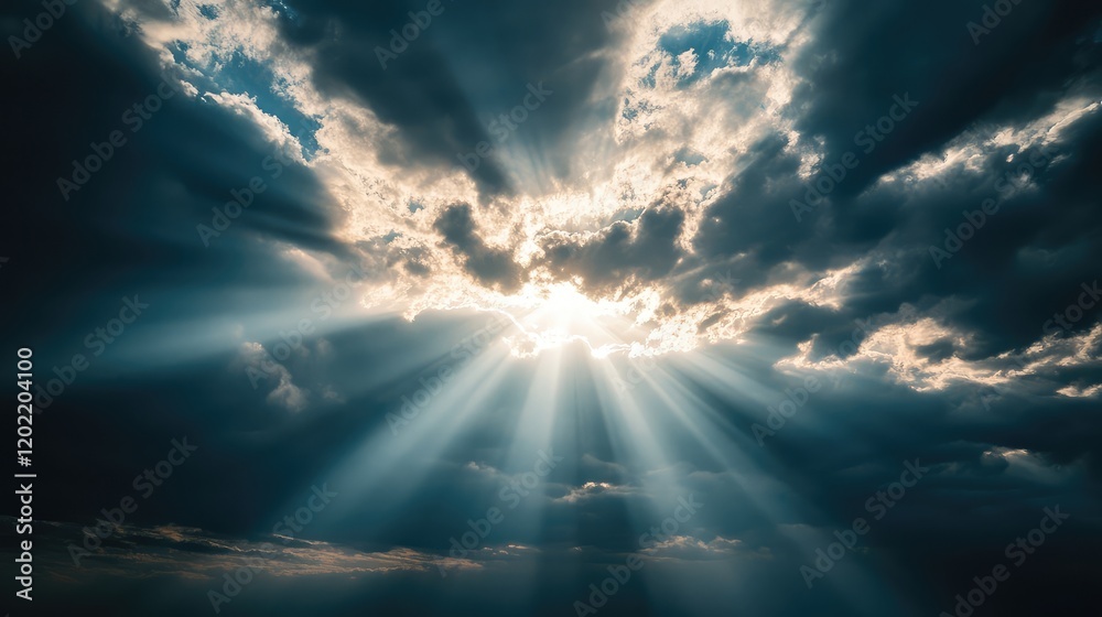 Poster dramatic cloud formation with sun rays breaking through, creating a striking light effect in the sky