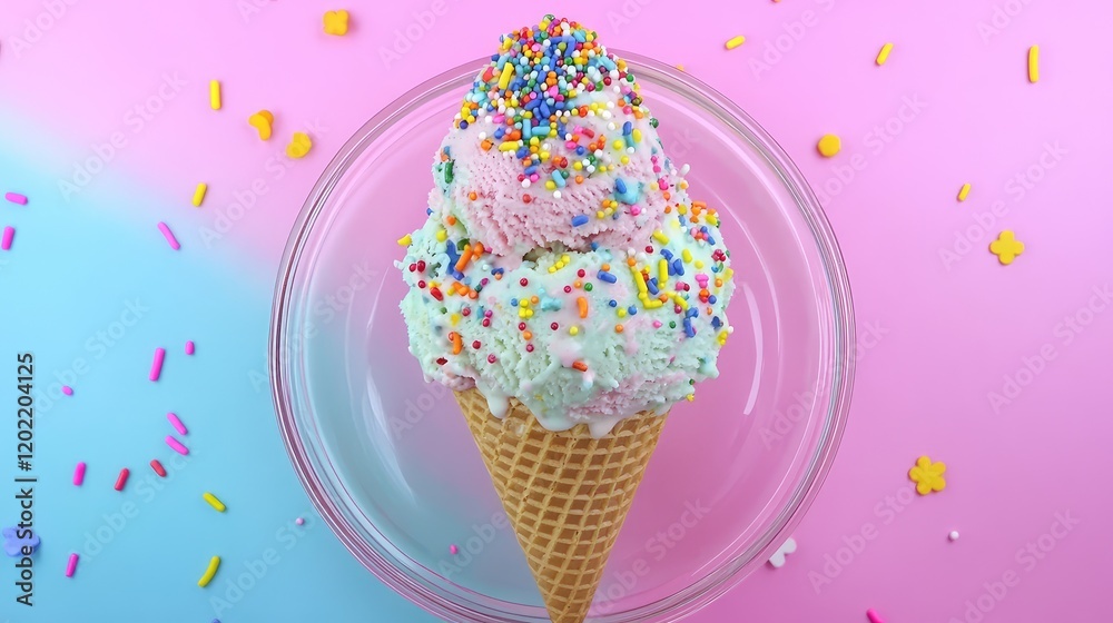 Aufkleber Ice cream cone with colorful sprinkles on a pink and blue background with scattered confetti and copy space for text