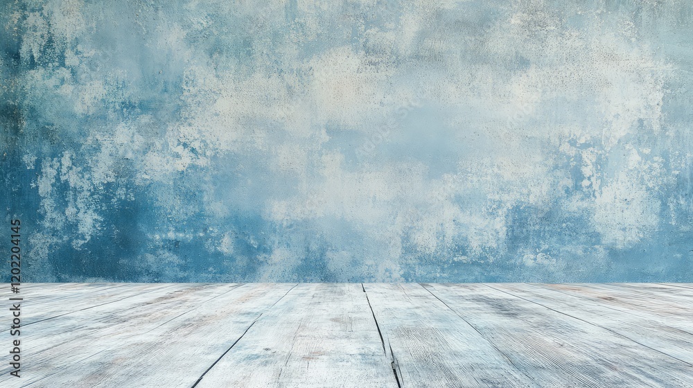 Poster weathered blue wall and wooden floor background with copy space for text or design elements