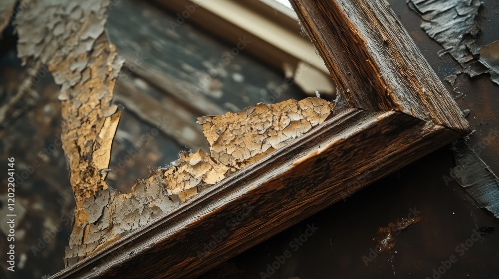 Aufkleber Close-up of weathered wooden frame with peeling paint and texture details, Copy Space for text placement