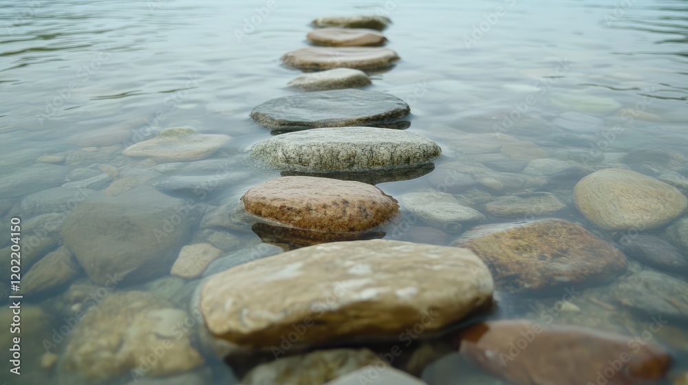 Poster stepping stones in clear water with visible pebbles underneath showcasing serene river setting and r