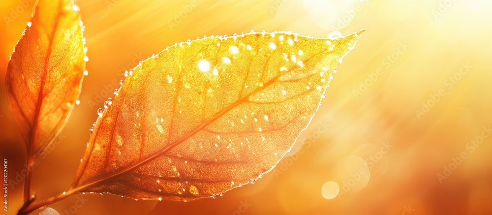 Poster Golden autumn leaves with droplets illuminated by sunlight creating a warm glow and blurred background with Copy Space.