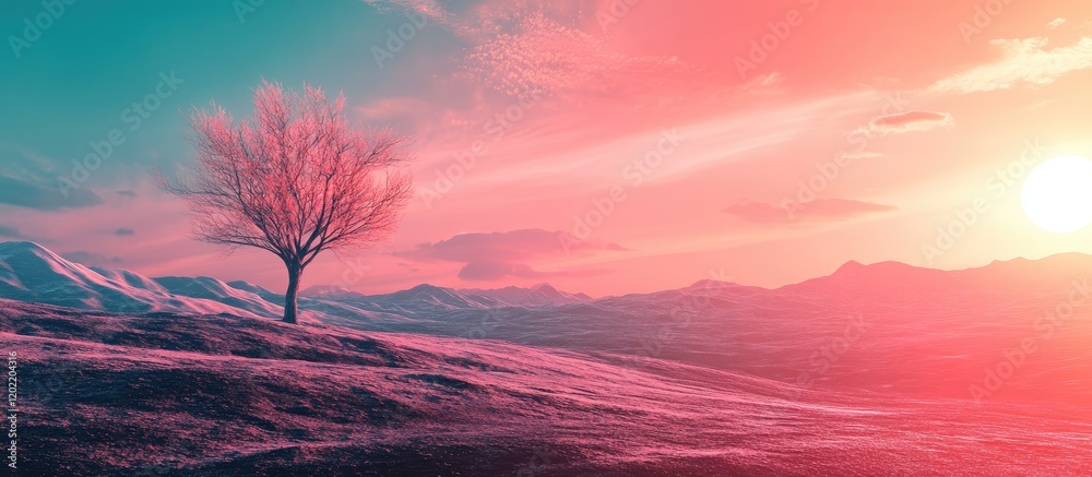 Poster vibrant sunset landscape with single tree in foreground and mountains in background copy space