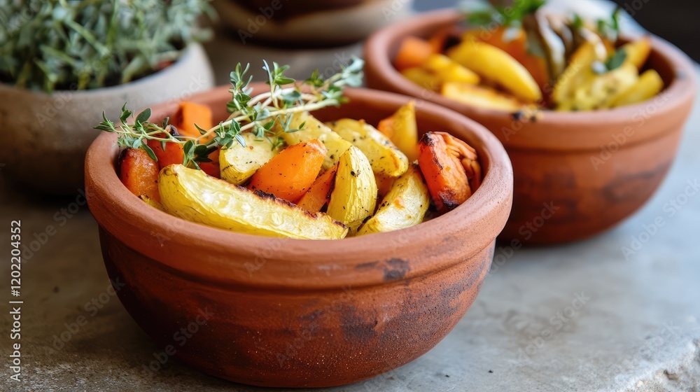 Poster baked root vegetables and herbs in traditional clay pots on rustic surface with copy space