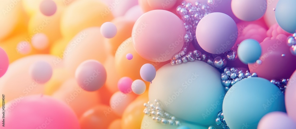 Poster colorful abstract background with bubbles and spheres in gradient tones of pink, blue, and purple wi