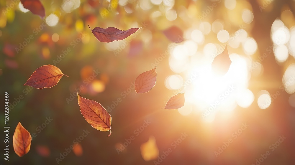 Leinwandbilder autumn leaves falling against a sunlit background with blurred bokeh effect and copy space for text.