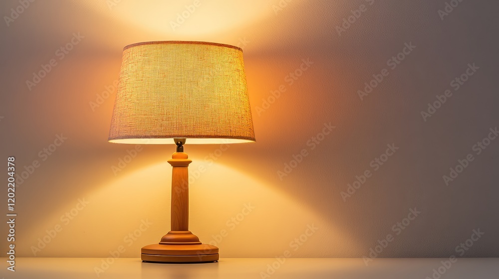 Poster elegant wooden table lamp with a beige shade casting soft warm light against a neutral wall copy spa