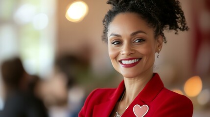 Elegant professional woman in red clothing smiling with a heart-shaped badge at a formal session