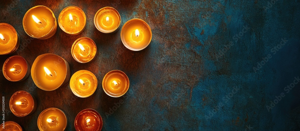 Poster Elegant arrangement of lit candles on textured surface with blue backdrop and copy space for text placement