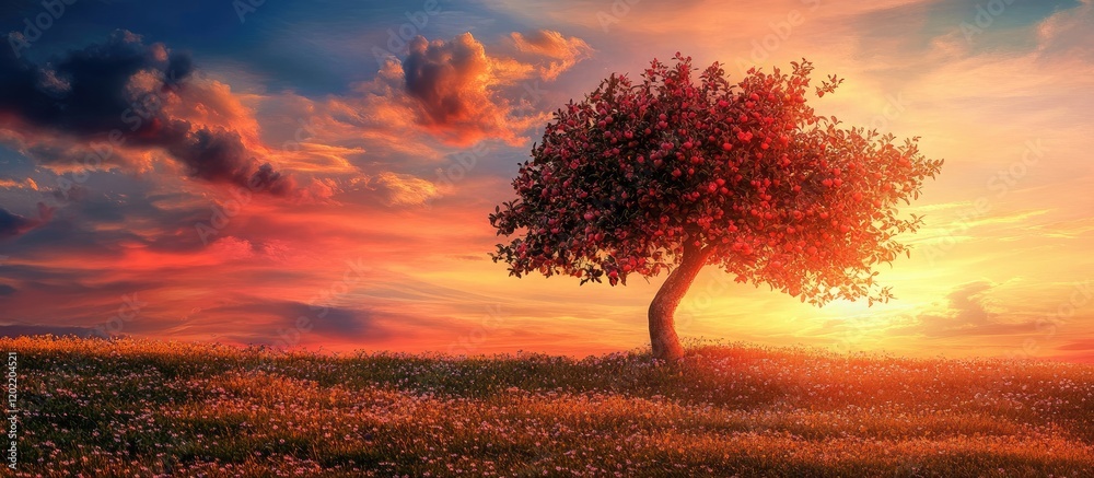 Poster lone tree in a vibrant sunset landscape with colorful clouds and grassy field, featuring copy space 