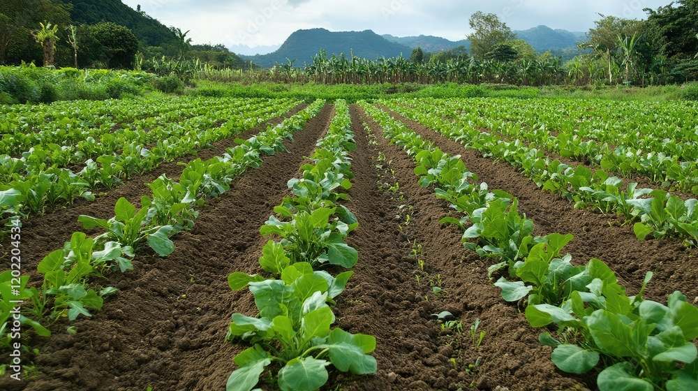 Poster lush green vegetable field with rows of growing lettuce and mountainous backdrop under cloudy sky co