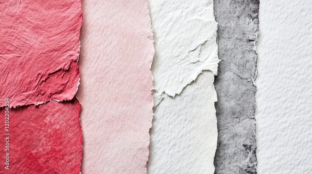 Poster Textured handmade paper in various colors including red, pink, white, and gray with visible fibers and edges suitable for background or design use Copy Space