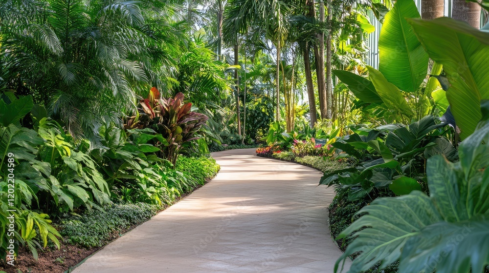 Aufkleber lush tropical garden pathway surrounded by vibrant greenery and decorative plants with copy space fo