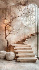 Obraz premium Minimalist modern interior design concepts, A modern staircase with wooden steps, decorative lighting, and artistic tree design on a textured wall.