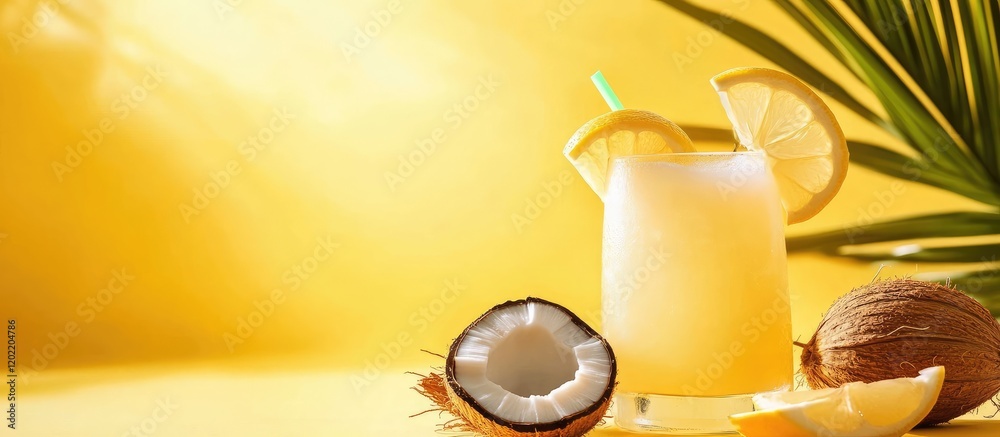Poster coconut half with tropical drink and lemon slices on a vibrant yellow background with copy space