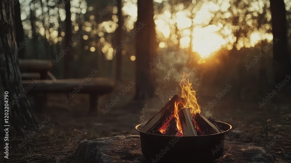 Poster campfire burning in a forest during sunset with warm light illuminating the scene and copy space for