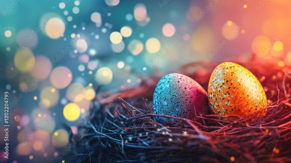 Poster colorful easter eggs in a nest with blurred bokeh background and vibrant colors copy space