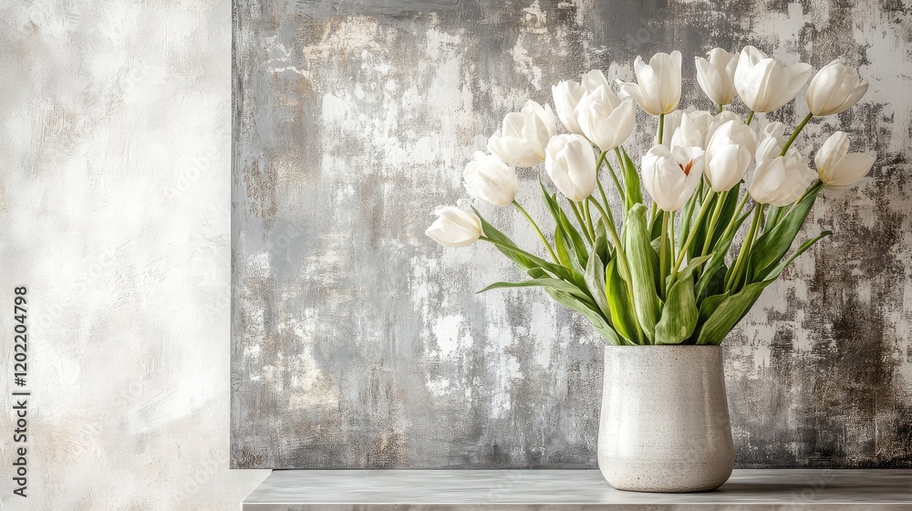 Poster bouquet of white tulips in a modern vase on a wooden table with textured gray wall background copy s