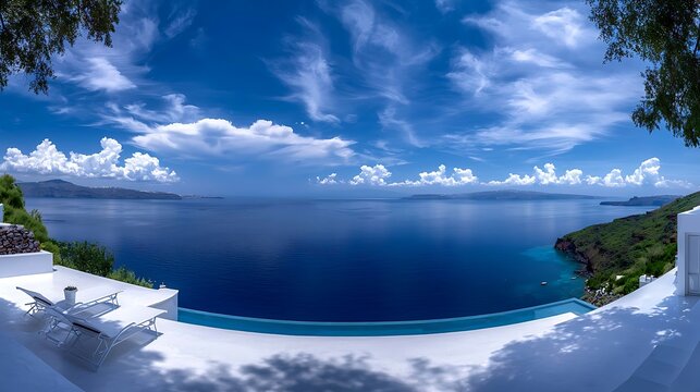 Serene coastal view from a luxury villa overlooking a tranquil blue sea and sky - Powered by Adobe