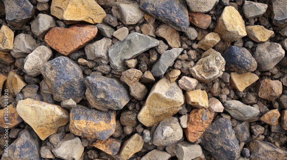 Poster Textured background of mixed gravel and stones varying in color and size with natural earthy tones, ideal for various design applications. Copy Space.