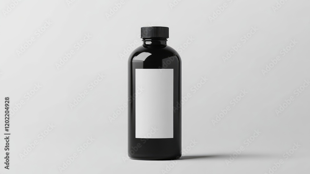 Poster Black glass bottle with blank label on gray background and copy space for branding or product information