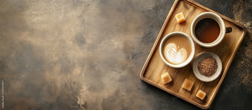 Poster coffee and dessert on a wooden tray with copy space for text or design elements
