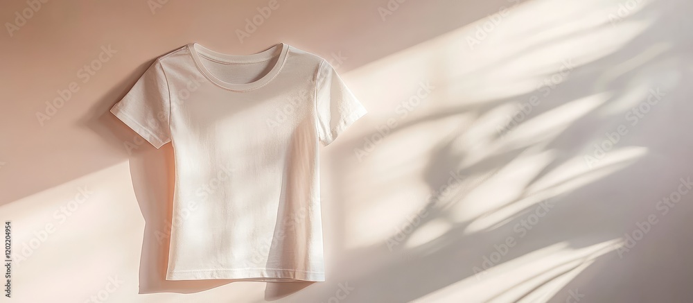Poster white t-shirt on light background with soft shadows and copy space for text