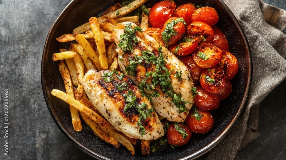 Poster grilled chicken fillets served with roasted tomatoes and crispy fries on a dark plate against a text