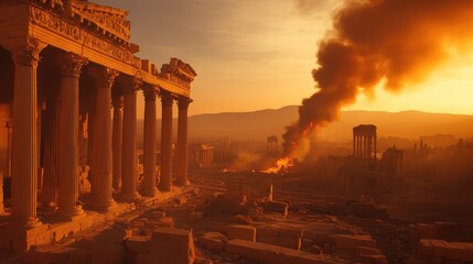 Obraz premium Ruins of ancient temple with smoke rising in sunset sky over historical landscape Copy Space