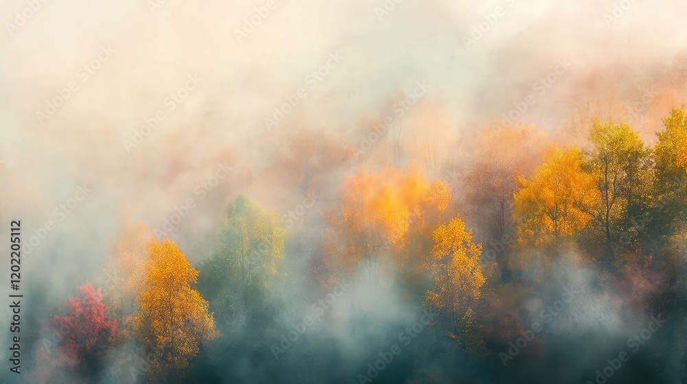 Aufkleber foggy autumn landscape with colorful trees and copy space for text