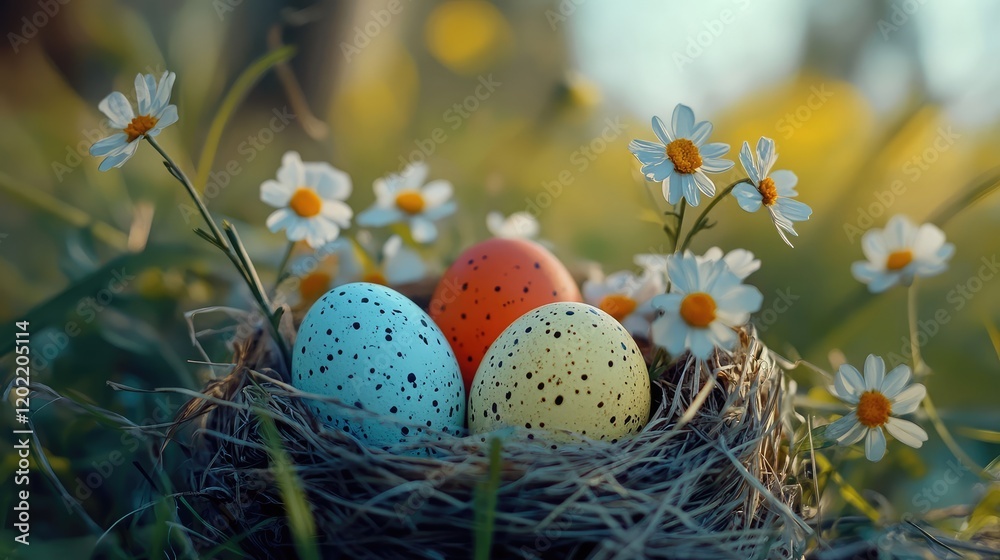 Poster colorful easter eggs in a nest surrounded by white daisies on green grass with soft bokeh background