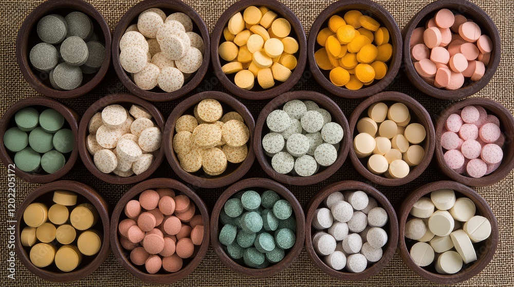 Aufkleber Colorful assortment of tablets and candies in round bowls on a textured surface with Copy Space for text placement.