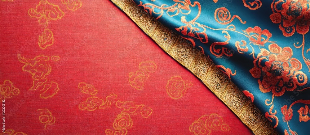 Poster Colorful textile patterns with intricate designs on luxurious fabric displayed on a flat surface with Copy Space for text placement