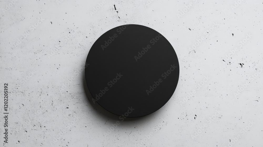 Poster Minimalist black round object on a textured concrete surface with copy space for design purposes