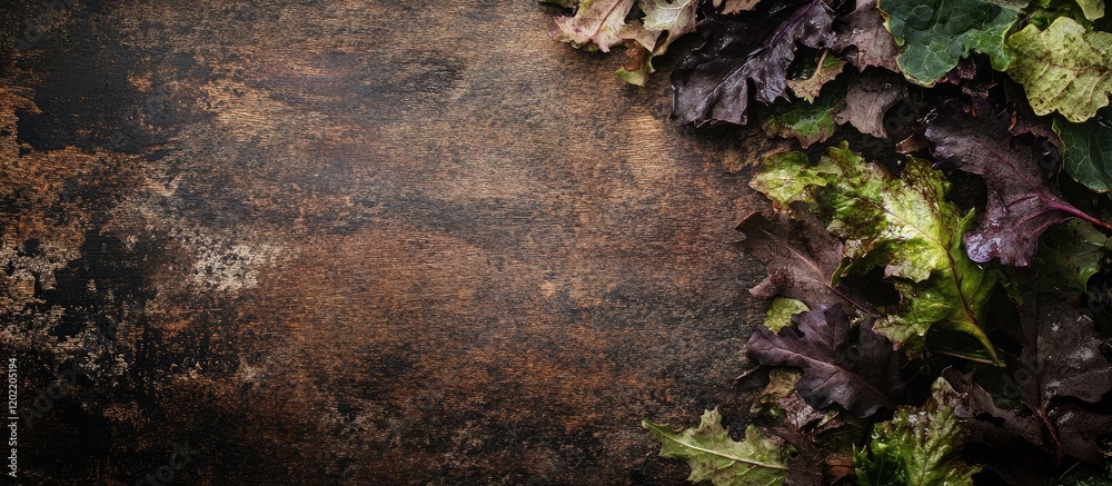 Poster rustic wooden background with mixed leafy greens arranged on the side and copy space for text placem