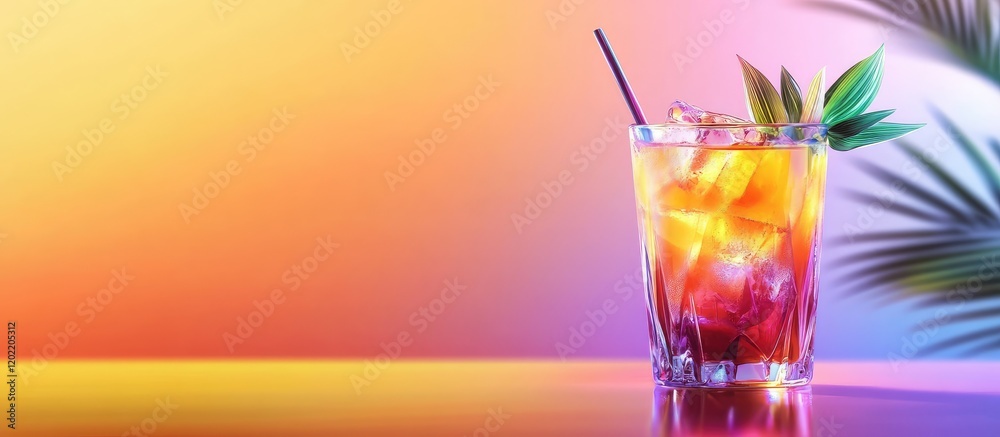 Poster colorful cocktail in a glass with ice served on a reflective surface with a tropical background and 
