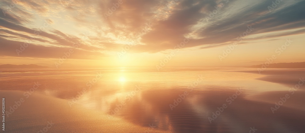 Poster sunset over calm water with dramatic clouds reflecting on the surface copy space