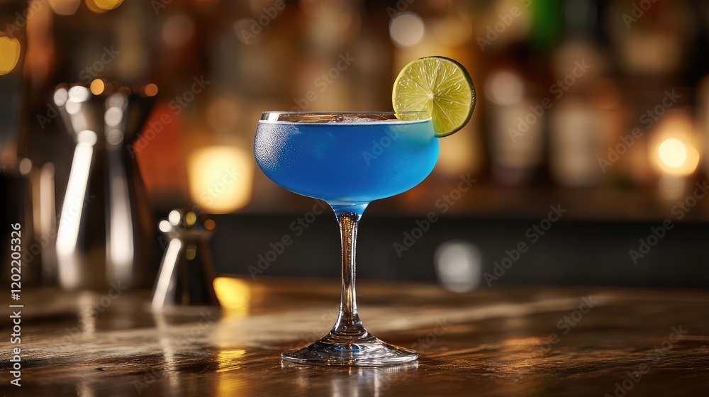 Poster blue cocktail with lime garnish in elegant glass on wooden bar counter with blurred background and c