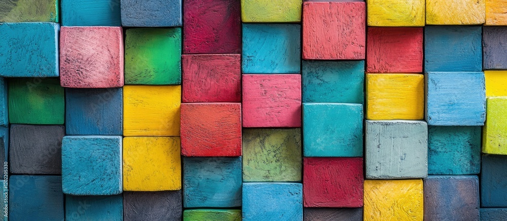 Poster colorful wooden blocks arranged in a vibrant pattern with copy space for design use. ideal for backg